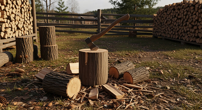 Elderly man chopping wood, rural backyard at sunset, stacked firewood, strength resilience, autumn chores, warm earth tones, country lifestyle, preparedness for winter, manual labor,tradition heritage - Powered by Adobe