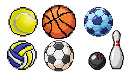 Retro pixel art collection featuring a variety of game balls like basketball, soccer, tennis, and volleyball, along with a bowling set, 