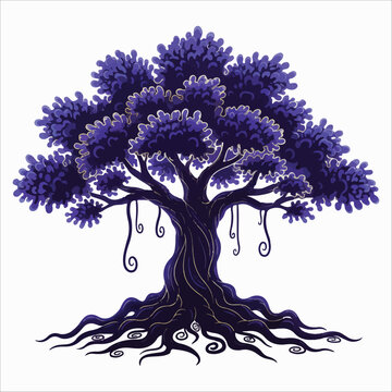 Mystical dark purple tree with gnarled roots and hanging ornaments banyan tree vector