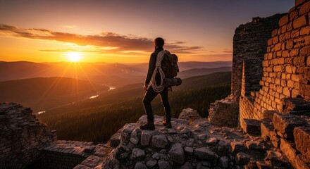 Adventurous Hiker Stands on Ruins at Sunset, Capturing the Golden Hour.