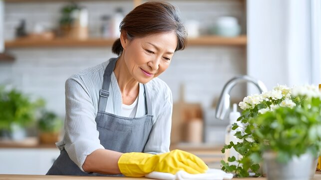 A happy mature Asian woman diligently cleans her kitchen countertop with a yellow gloved hand and a cloth illuminated by natural light from a window  Household chores and domestic life