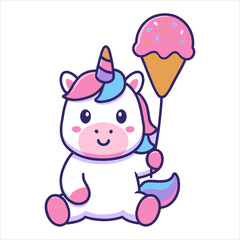 Cute unicorn holding an ice cream cone flat vector logo illustration perfect for kids' themes and sweet treats
