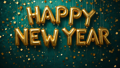 Golden happy new year balloons and confetti background