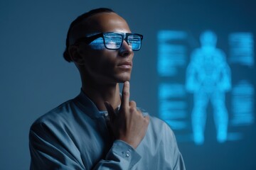 Young hispanic male analyzing data with futuristic glasses in technology environment