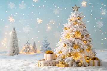 Christmas tree in snowy winter with gifts under it