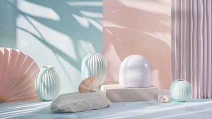 Soft pastel beachside still life with seashells stones and dappled sunlight casting gentle leaf shadows