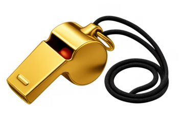 Gold whistle with lanyard for referee, coach, and sports official control signaling game decisions