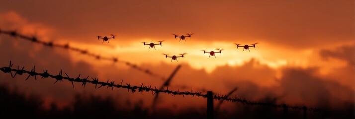 Drones flying at sunset over barbed wire fence and cloudy sky