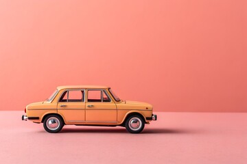 Old red toy car on a white background