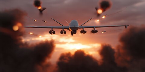 Military drone in action at sunset amidst explosions and smoke
