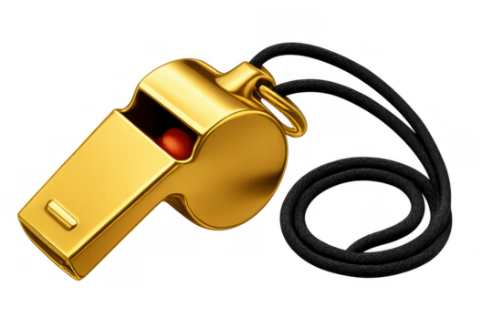 Gold whistle with lanyard for referee, coach, and sports official control signaling game decisions