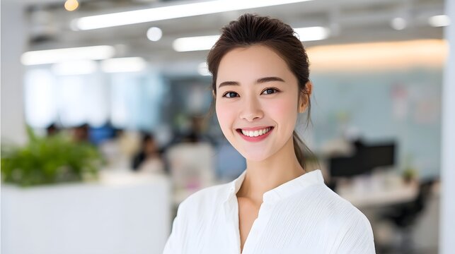 Portrait of a cheerful and professional young Asian businesswoman with a bright smile wearing a white shirt in a contemporary and well lit office environment