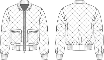 Quilted bomber jacket technical flat sketch, zipper closure ribbed collar flap pocket stylish outerwear, front back view, cad drawing vector illustration
