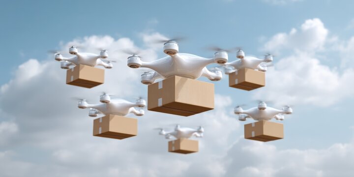 Package delivery drones soaring in the sky with white clouds - Powered by Adobe