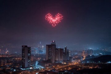 Night cityscape with heart-shaped drone light show over urban skyline