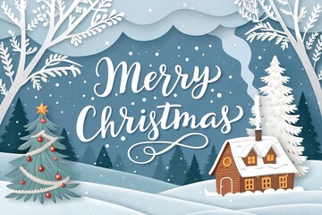 Christmas greeting card with snowy house and trees