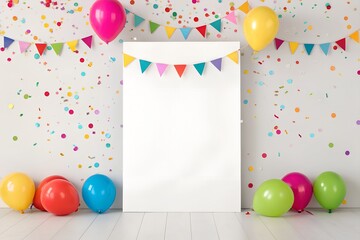 Happy birthday card with colorful balloons and festive decorations