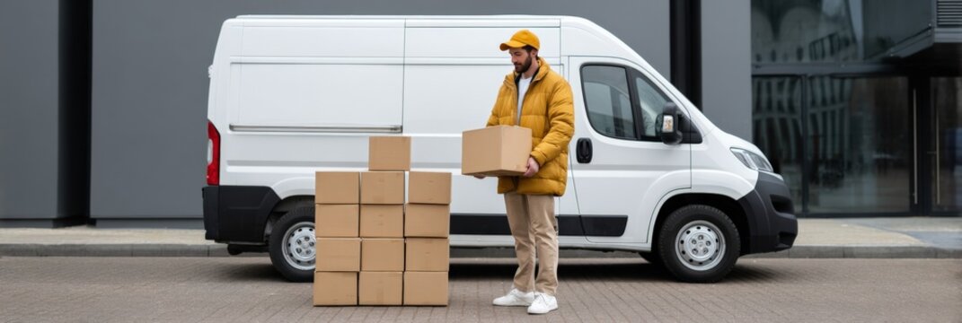Asian male courier organizing package delivery boxes near van in urban setting