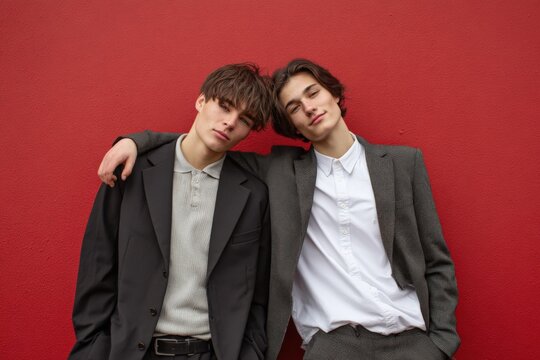 Two young caucasian males in suits posing against red wall