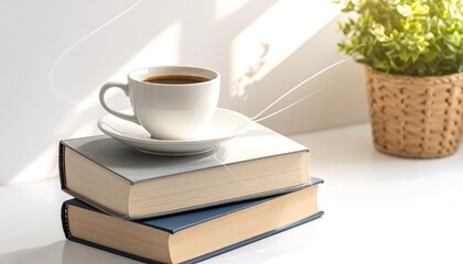 Morning Ritual - Coffee on Books with Plant in Sunlight.