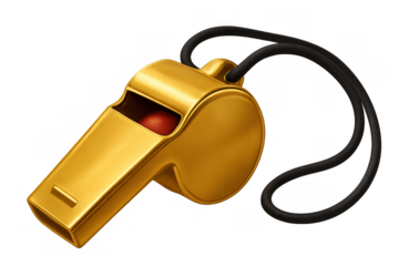 Golden whistle on black lanyard symbolizing authority, control, and fair play in sports and events with transparent background