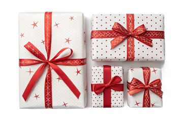 Set of colorful holiday gift boxes with red ribbons and bows for Christmas, birthday, or anniversary celebrations