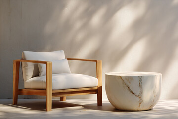 Modern wooden armchair with white cushions beside a round marble table in soft natural light