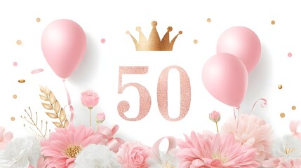 A whimsical and elegant 50th birthday celeb n design featuring rose gold glitter 50 pink balloons a sparkling gold crown and a border of soft pastel flowers