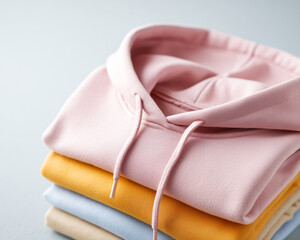 Stack of folded pastel hoodies for apparel presentation