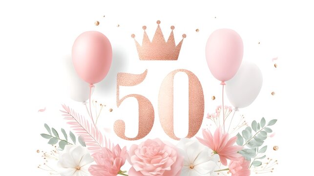 Elegant rose gold 50 numeral design for a 50th birthday or anniversary adorned with shimmering crown soft pink balloons and delicate floral arrangements - Powered by Adobe