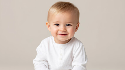 Naklejka premium Smiling toddler portrait in soft neutral studio setting