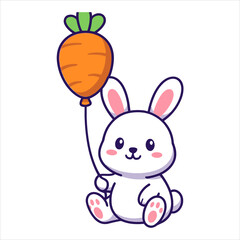 Cute Rabbit Holding Carrot Balloon Flat Vector Logo Illustration