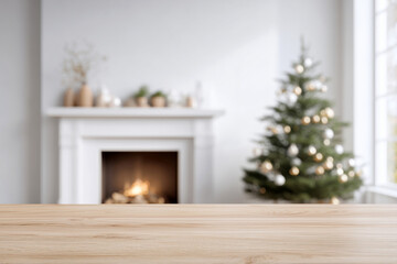 Wooden tabletop set against a holiday living room with a glowing fireplace and a decorated Christmas tree for seasonal product placement
