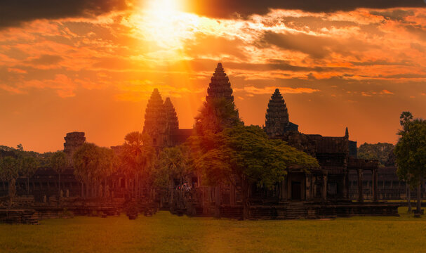 Popular tourist attraction ancient temple complex Angkor Wat at sunset - Siem Reap, Cambodia