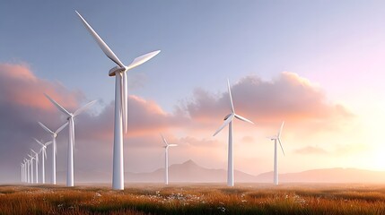 Golden hour illuminates a wind farm with multiple modern turbines in a grassy field dotted with wildflowers set against a breathtaking sky of pink and orange clouds symbolizing clean power