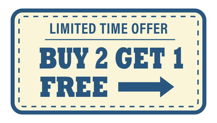 Limited time offer buy 2 get 1 free promotional sticker or badge with arrow, ideal for retail, e-commerce, sales, and marketing advertisements