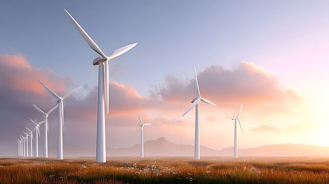 Golden hour illuminates a wind farm with multiple modern turbines in a grassy field dotted with wildflowers set against a breathtaking sky of pink and orange clouds symbolizing clean power