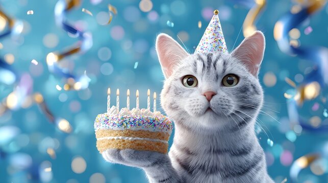 An adorable silver tabby cat wearing a festive party hat holds a small birthday cake with lit candles surrounded by blue streamers and sparkling confetti for a joyous celeb n
