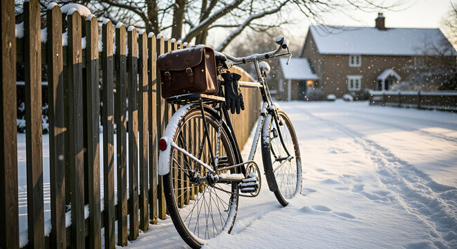 Old bicycle in snow vintage bike leaning on wooden fence in quiet snowy suburb, leather satchel and gloves on rear rack, golden winter light, nostalgia, slow living, eco transport season - Powered by Adobe