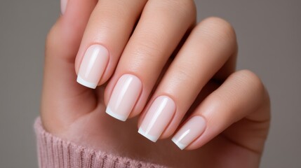 A model highlights her beautifully manicured nails, displaying a fresh and elegant hand care routine. Soft lighting enhances the delicate details of her nail art, showcasing sophistication