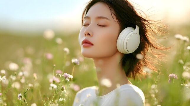 Serene portrait of a young woman with headphones enjoying music amidst a vibrant wildflower meadow during golden hour with a gentle breeze and soft sunlight