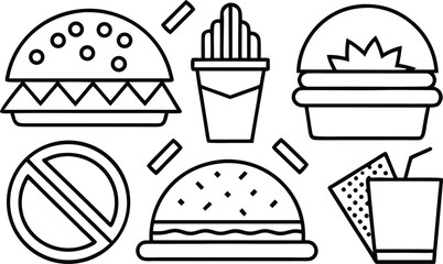 Fast food outline icons set. burger, fries, soda, and no sign