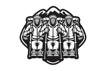 Three adventurous hikers trekking uphill against the backdrop of striking mountain peaks is showcased