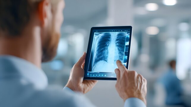 In a bright modern medical facility a doctor or radiologist uses a tablet computer to zoom in on and analyze a patient s lung X ray highlighting advancements in digital diagnostic imaging