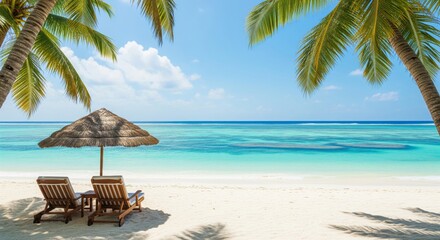 Obraz premium Paradise Tropical Beach. White sand, crystal-clear turquoise water, and gentle waves. Two empty wooden beach chairs and a straw umbrella sit on the sand. represents ultimate relaxation,vacation,escape
