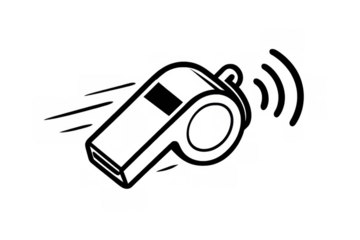 Whistle blowing icon with sound waves and motion lines, black and white referee accessory or sports equipment