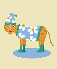 Cheet Illustration Wearing Hat, Sweater at Daisy Decoration