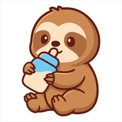 Obraz premium Adorable Baby Sloth with Milk Bottle Flat Vector Logo Illustration