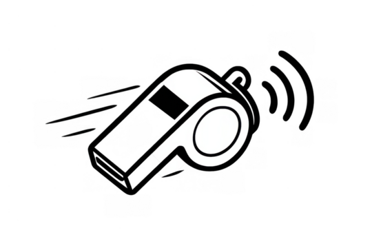 Whistle blowing icon with sound waves and motion lines, black and white referee accessory or sports equipment