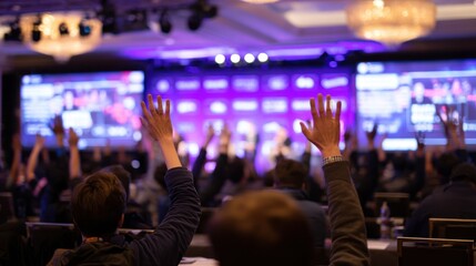 Audience members raising hands in a conference hall with stage and screens